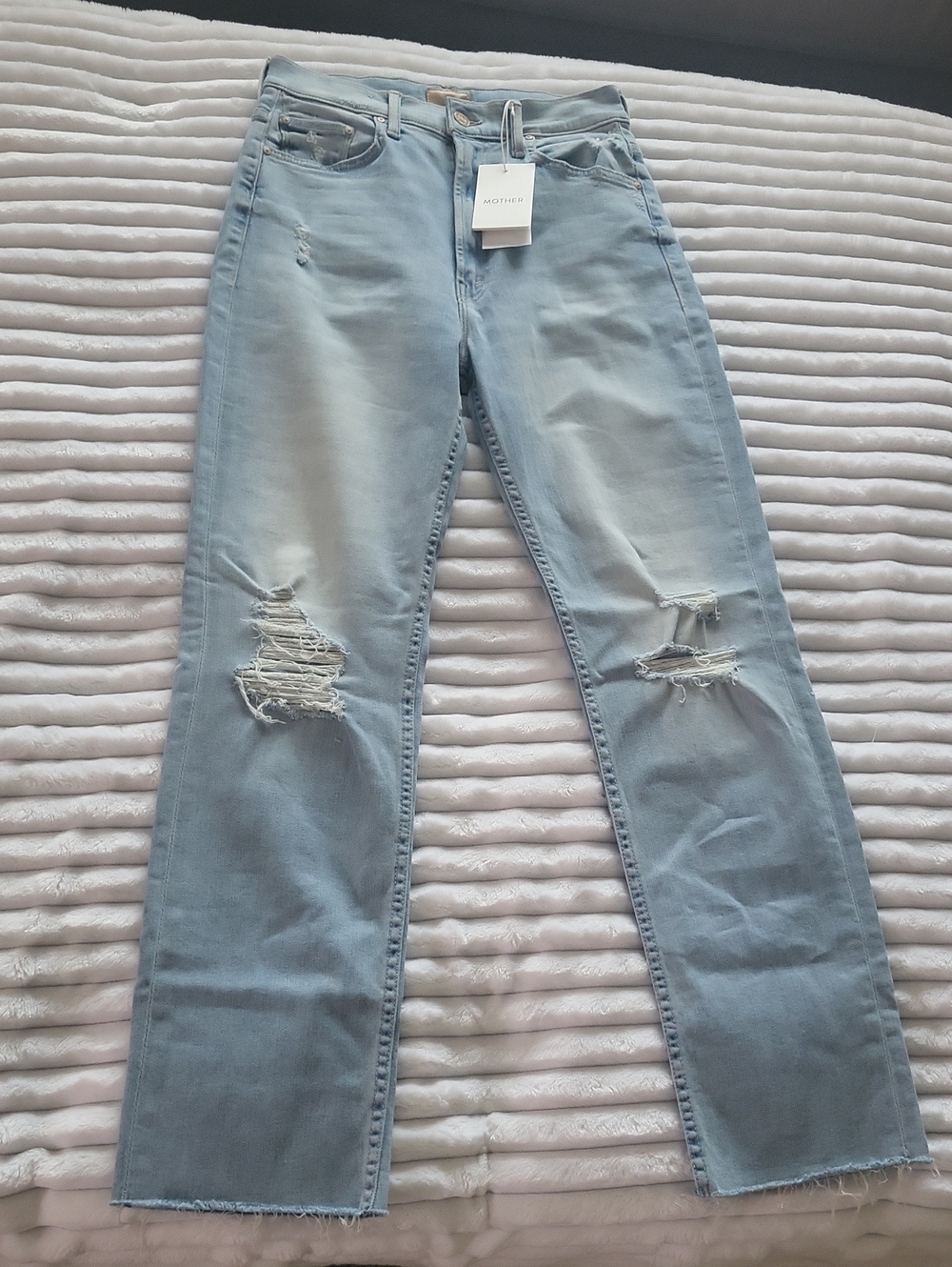 MOTHER Light Blue Distressed Straight Jeans